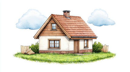 charming rustic house with sloped roof, surrounded by greenery and clouds, evokes sense of tranquility and warmth