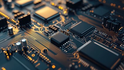 Intricate Circuit Board: A Close-Up View of Electronic Components and Pathways