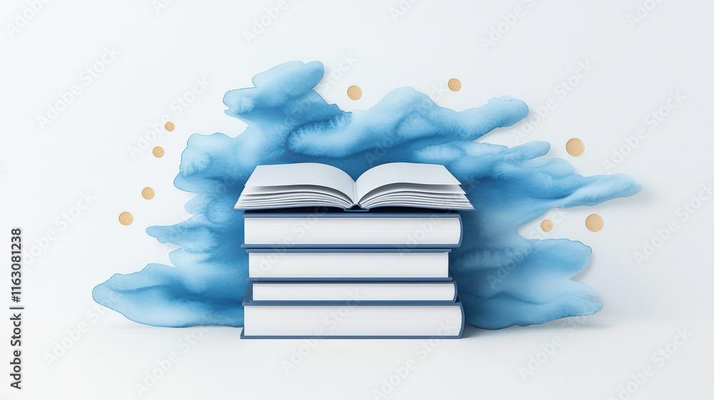 Poster stack of open books with watercolor splash background, creating serene atmosphere for learning and c