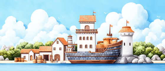 Obraz premium colorful harbor scene featuring large ship, buildings, and lighthouse, surrounded by trees and rocks, evokes sense of adventure