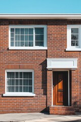 Obraz premium Brick house with windows and a wooden door under clear blue sky on a sunny day