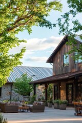 Cozy outdoor patio area featuring a rustic house surrounded by lush greenery in the afternoon sunlight