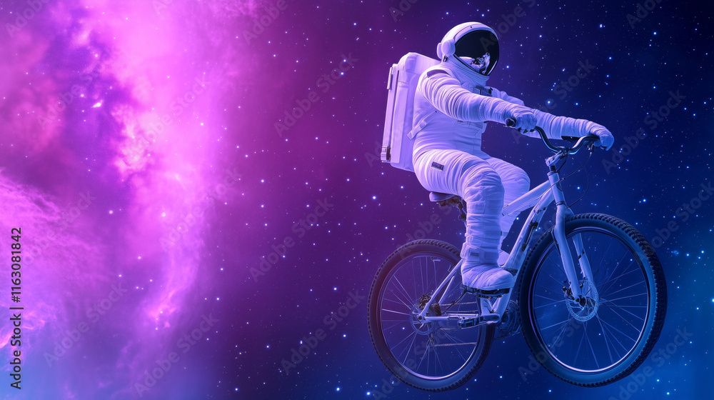 Poster astronaut riding a bicycle in colorful outer space