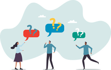 Ask questions for help or solution, confusion, doubt or query for answer and information, business discussion to solve problem.business concept.flat character.