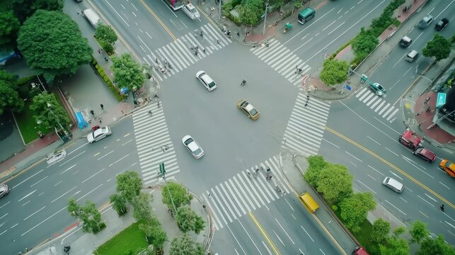 Timelapse hyperlapse bustling car traffic advanced transportation infrastructure financial technology aerial view intersection road dynamic transport business economic.