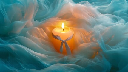 A lit candle nestled within teal fabric waves