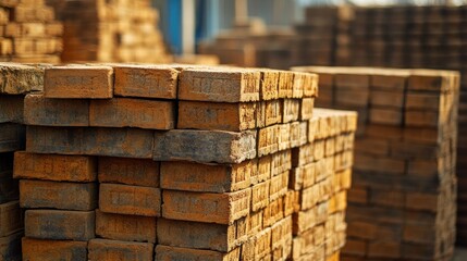 Stock bricks being neatly stacked for shipping, repetitive geometric patterns, 