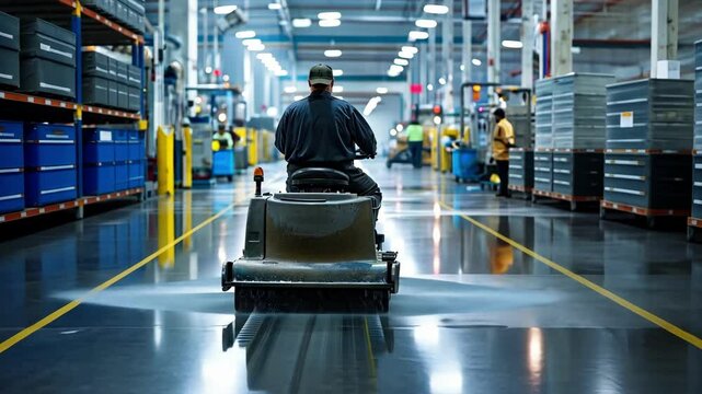 Worker driving a floor cleaning machine in an industrial factory with bright floor lines