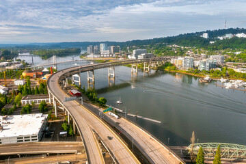 Obraz premium Various day and sunset drone scene of Portland Oregon, Willamette river and downtown, Aerial drone footage
