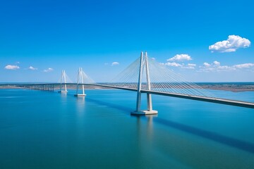 Obraz premium Aerial view of a modern suspension bridge over tranquil turquoise waters beneath a clear sky