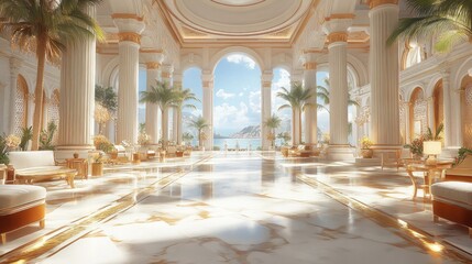 Fototapeta premium Luxurious beachfront palace interior with marble floor, gold accents, and ocean view.