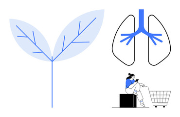 Large leaf with blue veins next to outline of lungs and seated figure with shopping cart. Ideal for health, balance, environment, sustainability, relaxation, mindfulness, lifestyle. Clean abstract