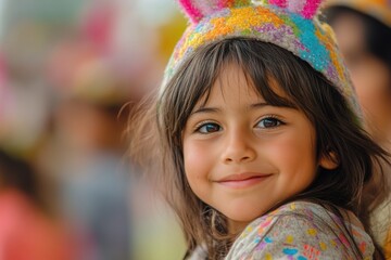 Fototapeta premium A young girl with joyful eyes and a vibrant, colorful hat smiles warmly, radiating happiness and innocence in a cheerful atmosphere.