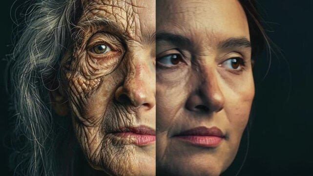 Age Progression Concept with Half Elderly Woman's Face and Half Child's Face
