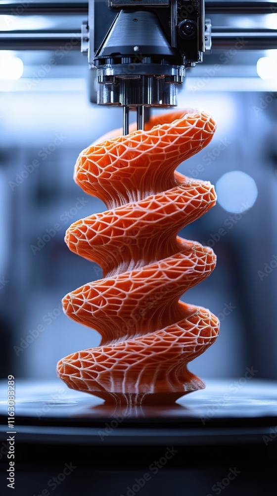 Poster 3d printer creating intricate orange object layer by layer. modern manufacturing tech creates detail