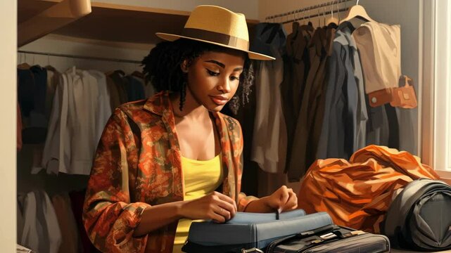 Elegant Woman with Hat Packing Suitcase, Warm Tones, Travel Preparation, Cozy Room Atmosphere