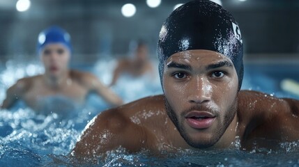 Male in a pool: swimmer close-up, aquatic skill, water splash, athletic effort, freestyle focus, rippling waves, diving motion, competitive edge, muscular form, swimming precision, fitness drive.