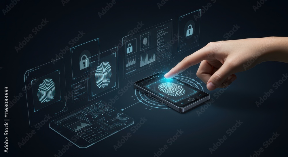 Poster futuristic fingerprint authentication on holographic device interface