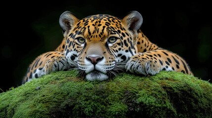 Obraz premium Majestic jaguar resting on moss-covered rock.