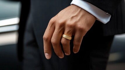 Close-up of gold ring on hispanic male adult's hand in suit