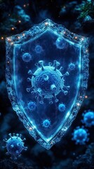 Fototapeta premium Icy shield protects cells against viruses in microscopic view. Immune system defense mechanism blocks pathogens. Health care, medical innovation. Scientific research. Modern medical technology.