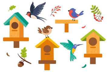 Colorful birds and birdhouses in a vibrant garden setting during springtime