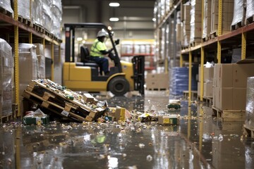 Chaos in warehouse a forklift operator responds to fallen pallet and spilled goods incident