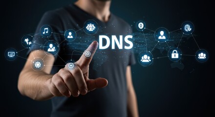 Fototapeta premium Dns concept with digital network icons: cybersecurity and internet connectivity focus