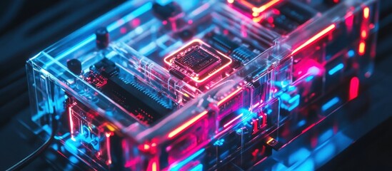 Obraz premium Close-up of a modular electric battery system with neon accents, integrated circuits visible through a transparent casing, glowing with innovation,