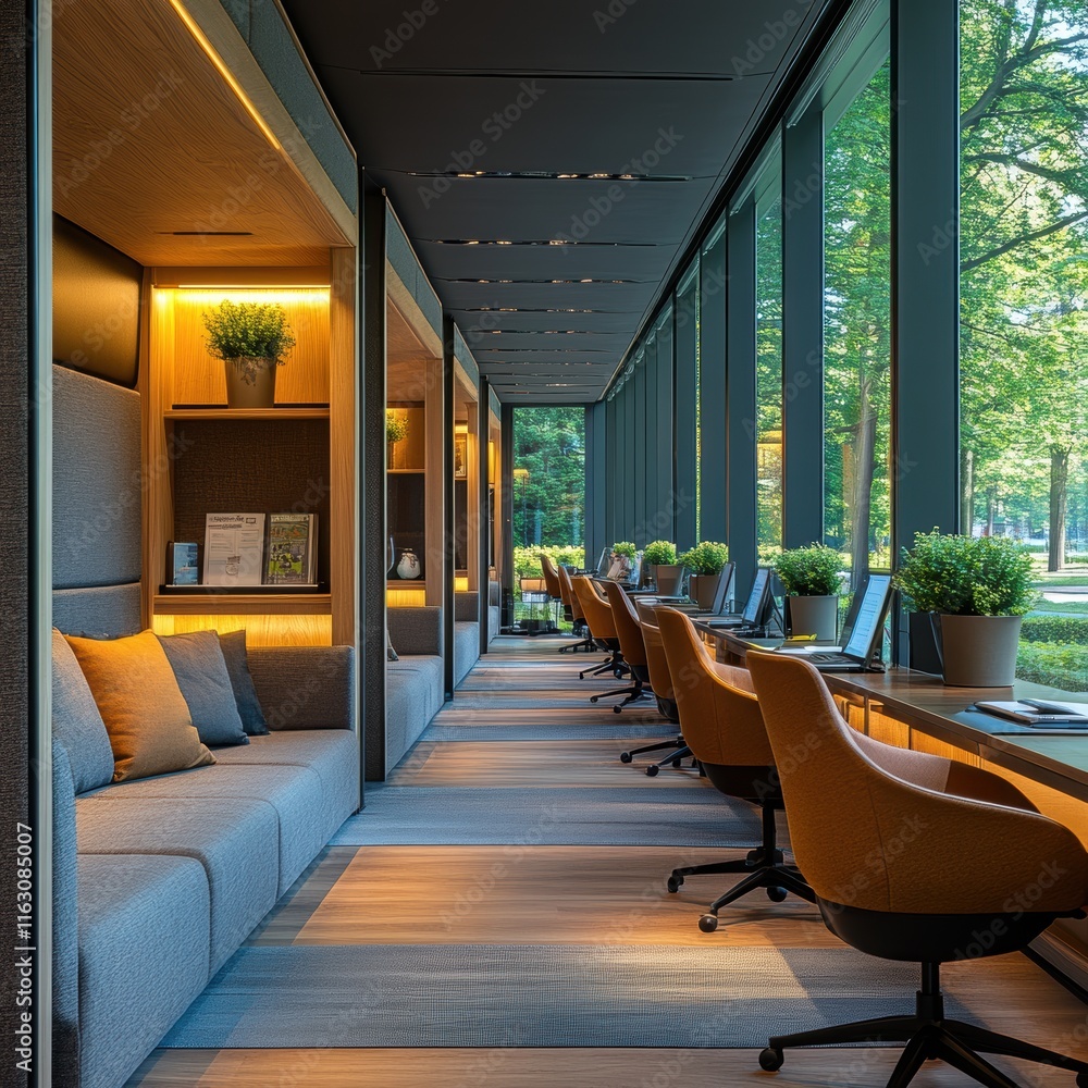 Wall mural a modern open workspace seamlessly blends nature and productivity, featuring sleek design elements a