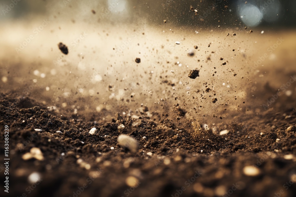 Poster dynamic close up of soil and rocks in motion, capturing textures and earthy tones with depth