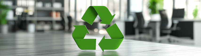 Obraz premium Recycling symbol in an office environment symbolises a sustainable working environment, created with generative AI technology