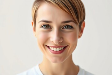 Portrait of a Young Woman with Short Hair and Bright Smile Against Neutral Background