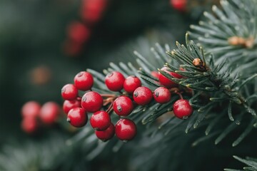 Closeup view of red berries on evergreen branches. Vivid red berries clustered on dark green pine boughs. Nature detail. Seasonal plant. Festive decor. Natural beauty. Winter scene. Evergreen