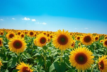 Obraz premium Vibrant Sunflower Field Under Clear Blue Sky