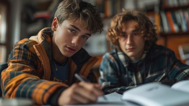 Portrait of two teenage boys studying together in library. Education concept