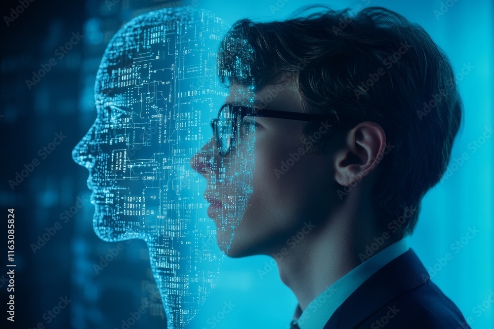 Poster futuristic ai engineer profile with circuit board background and digital art elements
