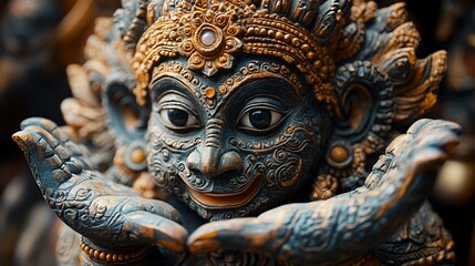 Obraz premium Intricate Carved Balinese Deity Statue Offering Hands