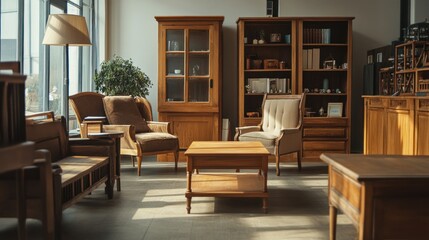 Polished wooden furniture displayed in a showroom, warm and inviting atmosphere,