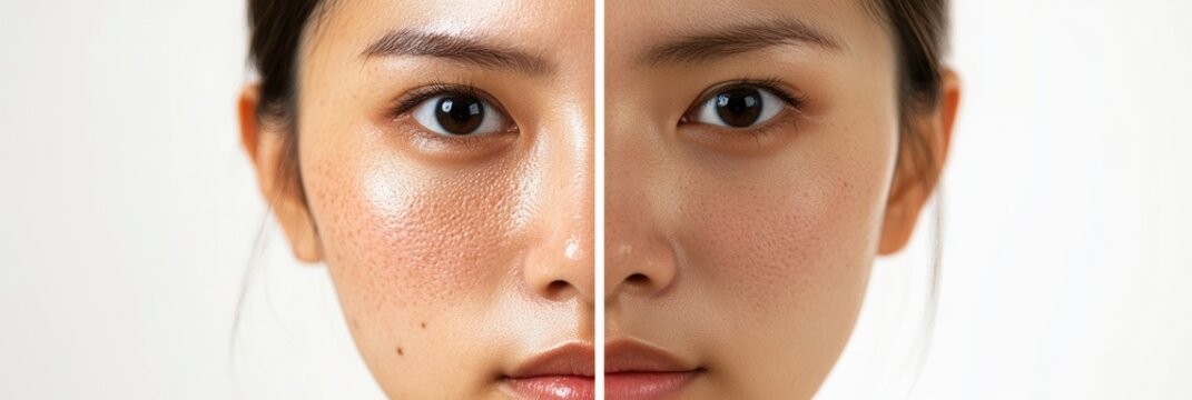 Transformation of Asian Woman's Face: Before and After Dark Spot Treatment Showcasing Melasma and Skin Care Progress