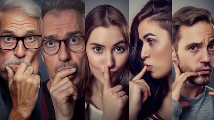 Collage diverse individuals making quiet gestures thoughtful facial expressions