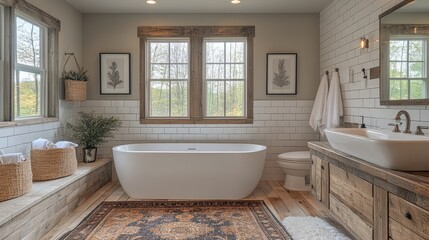 A beautifully designed modern rustic bathroom with natural light, featuring a freestanding tub and elegant wooden accents throughout the cozy space.