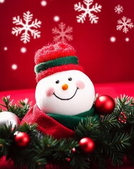 Cheerful Snowman Decoration Surrounded by Christmas Ornaments and Snowflakes on a Red Background