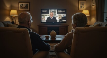 Senior couple enjoying a quiet evening watching television in cozy living room