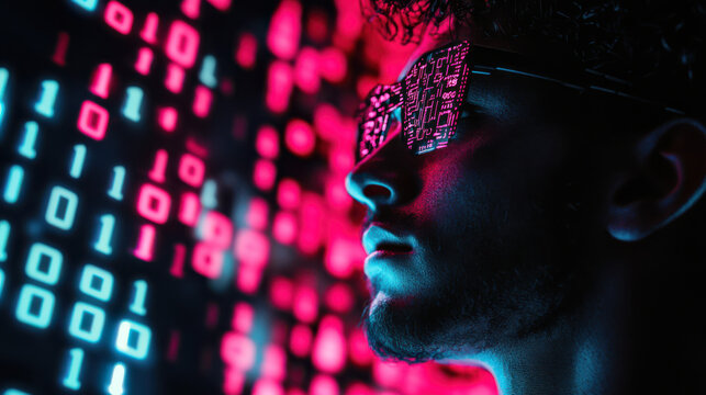 A surreal portrait of a cybernetic human with glowing circuits, illuminated in vivid neon pink and blue hues, with a digital matrix of cascading numbers as the background