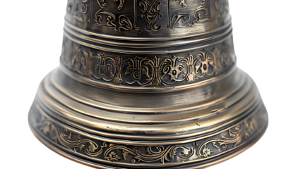 Ornate bronze bell featuring intricate and detailed patterns engraved around its surface, showcasing a traditional and antique design. 