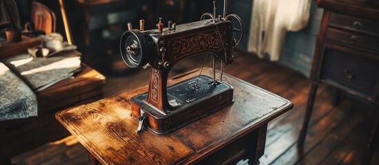 Old-fashioned treadle sewing machine on a wooden floor, surrounded by antique tools, warm light, 