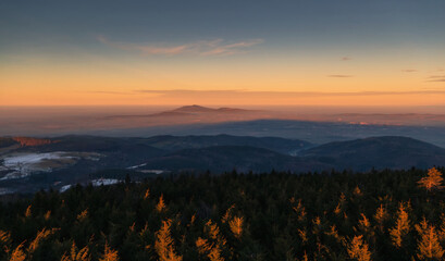 sunset in the Owl Mountains, view of the Ślęża massif, Lower Silesia, Poland.