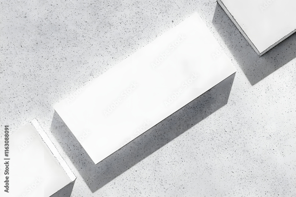 Poster closeup of empty white rectangle poster mockups lying diagonally with soft shadow on neutral light g