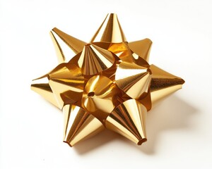Elegant Gold Holiday Bow on Crisp White Background: A Shiny Ornament for Presents and Traditional Christmas Cheer
